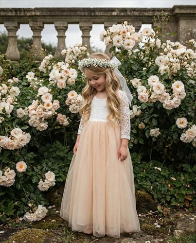 Image of 2Bunnies Girl Peony Lace Back A-Line Straight Tutu Tulle Party Flower Girl Dress