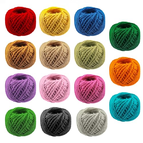 Swpeet 15 pezzi di spago di iuta con 15 colori 2 mm 3 strati di iuta naturale per confezioni regalo, appendere piante, opere d'arte, artigianato fai da te, esposizione di immagini e decorazioni e