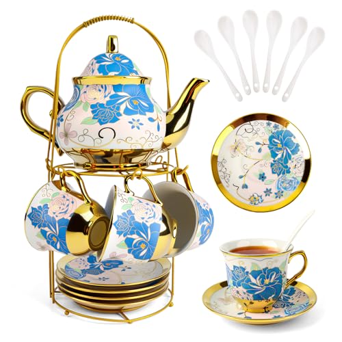 ALIMOTA 20 Pcs Porcelain Tea Set with Metal Holder and Spoon, European Ceramic Tea Set for Adults, European Flower Painting Teapot Cup Saucer Spoon Set for 6, Gift Pack (Blue and Pink)
