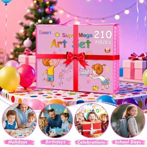 Timart Art Supplies, 210-Piece Drawing Art Kit, Gifts Kids Art Set with Double-Sided Easel, Non-Toxic Art Supplies for Girls & Boys, Drawing Set with Watercolor, Crayons for Young Artists-Pink