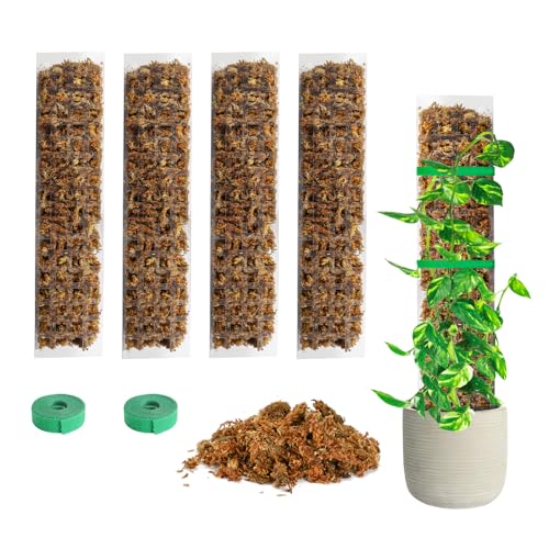 Bonviee 4-Pack 15-Inch Plastic Moss Poles for Monstera & Climbing Plants - Stackable to 60 Inches, Includes Sphagnum Moss & Garden Ties for Indoor Plant Support 4 Packs+Moss