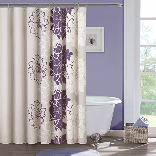 Madison Park Lola Design Floral Cotton Fabric Long Shower Curtain, Casual Print Shower Curtains for Bathroom, 72 X 72, Purple