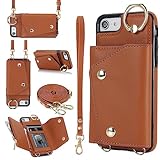 アイフォン6sケース 手帳型 PU革 カード収納 小銭入れ iphone6/6s 手帳型ケース スマホカバー アイフォン7/8ケース手帳型 長ストラップ リング付き iphone7/8ケース手帳型 肩がけ 首掛け 斜め掛け-ダークブラウン