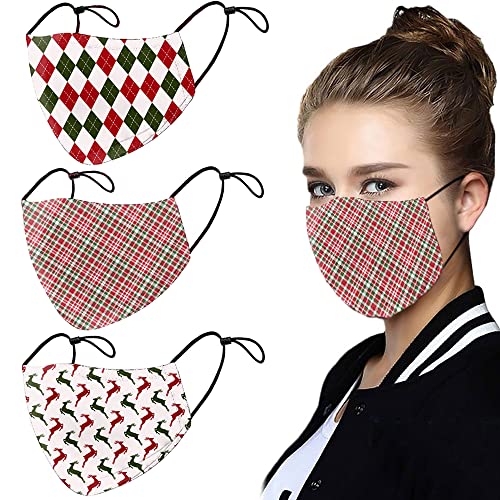 3 Pcs Christmas Face_Mask Xmas Reusable Washable Cloth Mask Red Green Buffalo Plaid Deer Elf Design Luxury Mouth Cover New Year Facial Shield Adult Winter Face Protection Shield Balaclava Adjustable Ear Straps -  SeBneny