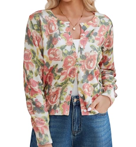 Women's Floral Cardigan Sweater Button Down Knit Long Sleeve Open Front Lightweight Casual Fall Outwear Cardigan Tops