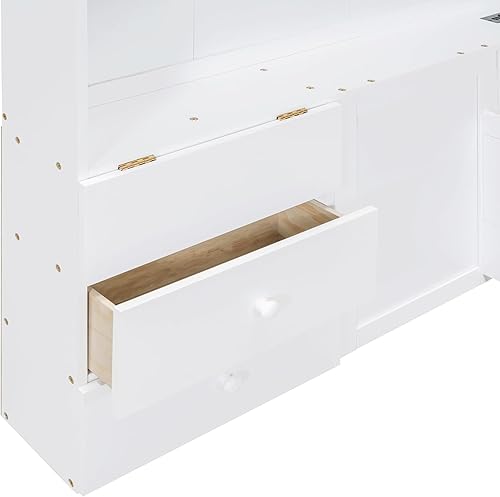 Miniatura 96 de Cama de madera de tamaño individual con cabecero en forma de casa con vallas, altura baja al suelo, para dormitorio de niños y niñas (blanco-01)