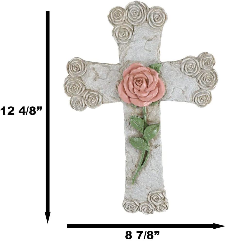 Ebros Gift Rustic Western Pink Stalk Of Rose With Tooled Blooming Roses Faux Stone Finish Wall Cross Decor Plaque 12.5" H Inspirational Accent Decorative Crosses