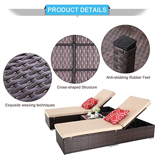 Do4U Outdoor 3 Pieces Chaise Lounge Pe Wicker Reclining Chair With Cushions Furniture Set Patio Lounge Chair Adjustable Backrest Recliners For Outdoor Patio Beach Pool Backyard (Beige) #TOP5