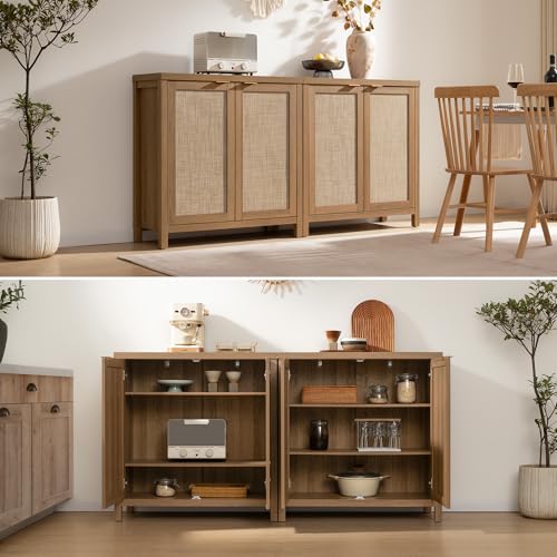 Image of SICOTAS Sideboard Buffet Coffee Bar Cabinet - 3 Pieces Farmhouse Boho Rattan Credenza Storage Cabinet with Large Storage for Kitchen, Living Room, Entryway, Oak
