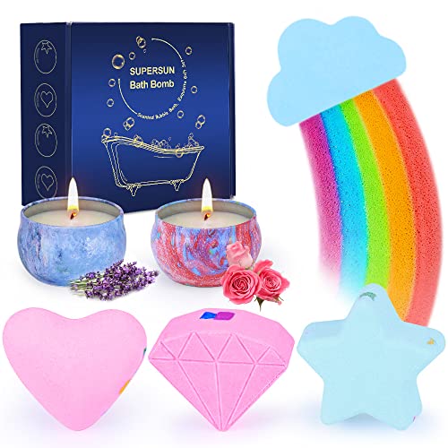 4 Cadeaux De Bombes De Bain Arc-en-ciel Pour Femmes Avec 2 Bougies Parfumées, Ensemble Cadeau De Bains De Boules De Bain Pour Maman, Femme, Petite Amie Cover