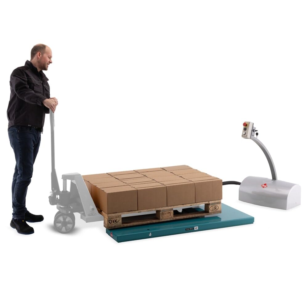 Ameise Elektro-Flach-Scheren-Hubtisch SLT mit Einfach-Schere | 1.000 kg Tragkraft | 80-840 mm Hubbereich | ergonomische und individuelle Greifhöhe | 1.450 x 1.140 mm U-förmige Plattform | Stahl