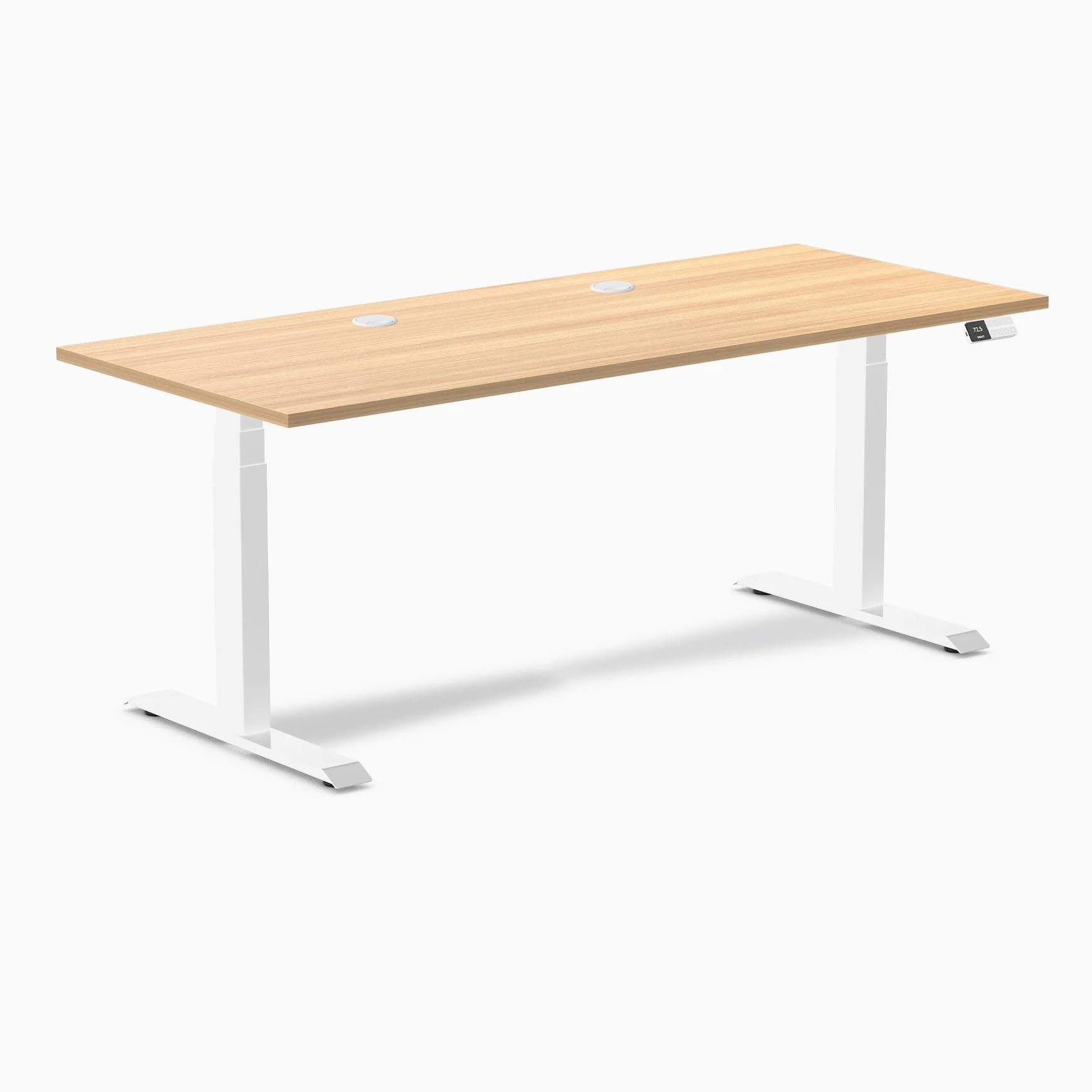 Desky Dual Laminate Sit Stand Desk Sublime Teak 70.9" Grommets White