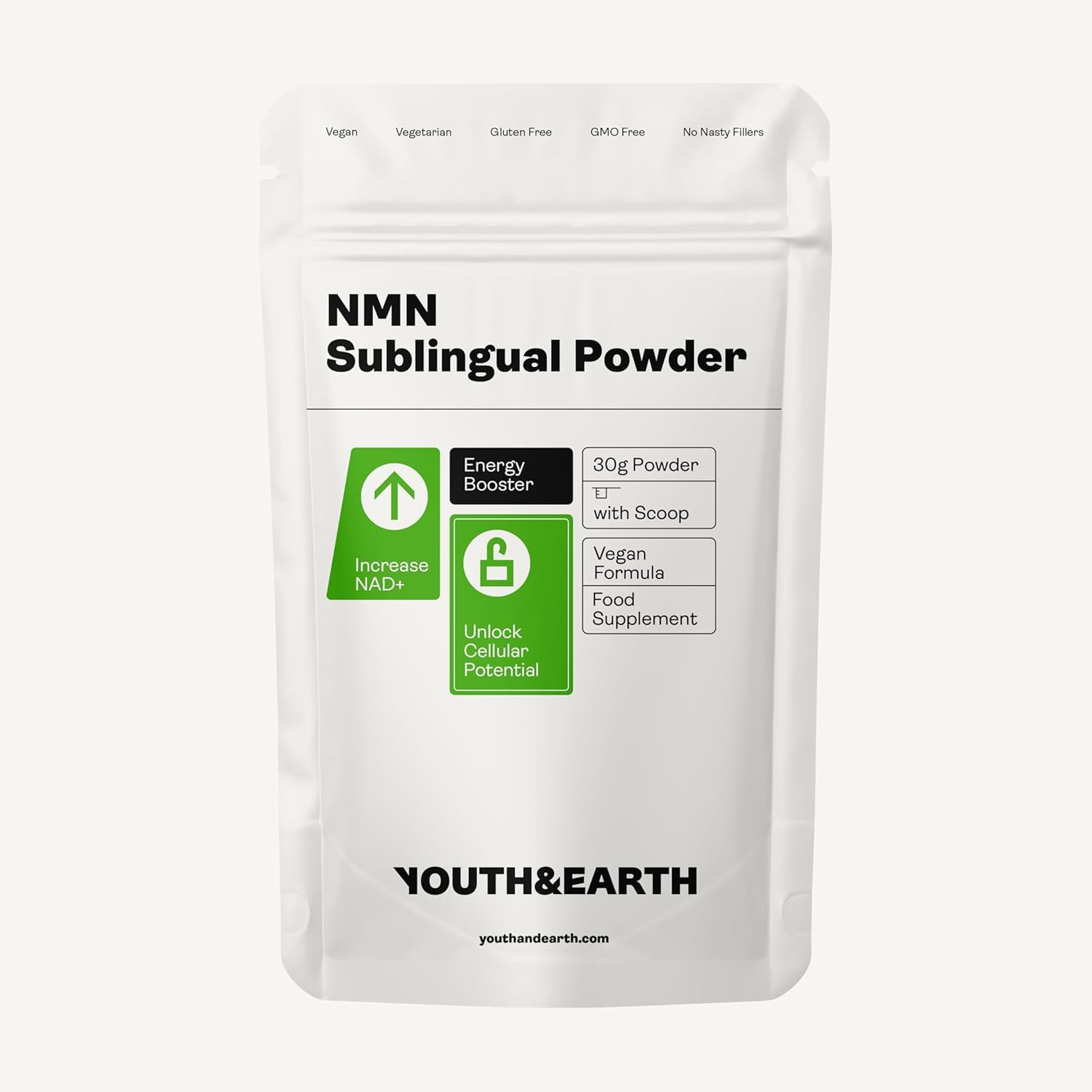 Youth & Earth NAD Polvo Sublingual, 30 g, 60-120 Porciones | Apoyo Energético Y Metabólico, Polvo Sublingual Puro, Fórmula Para Adultos, 30 g, De 60 A 120 Porciones