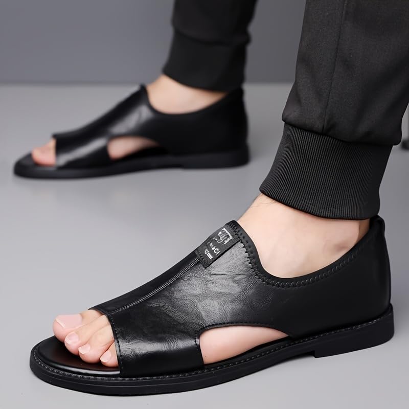 Men's Casual Slip-On Sandals - Black Open Toe Shoes with Rubber Sole, Comfortable for Strappy Sandals Great for Driving and Walking4
