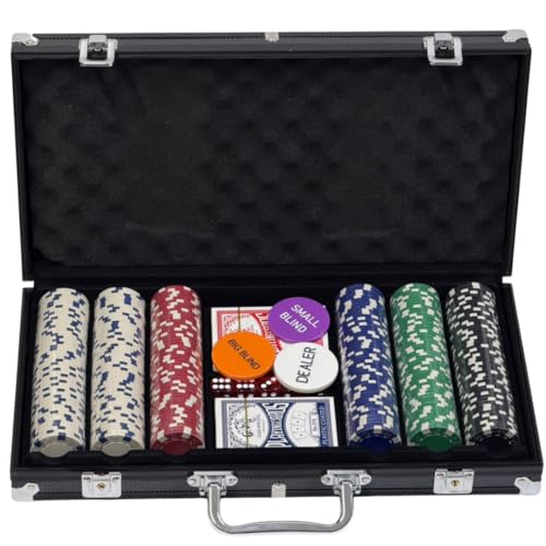 Trendi Black Edition 300 Piece Texas Holdem Poker Chip Set with Aluminium Case Casino Grade Chips Blackjack Mat Playing Cards & Dealer Buttons Ultimate Poker Night Kit for Home Games