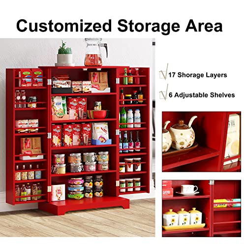 HOLTICO 41\'\' Kitchen Pantry Cabinet, Storage Cabinet with Doors and Adjustable Shelves, Food Pantry Cabinet for Kitchen, Dining Room, Living Room and Garage,Bright Red - Thumbnail 5
