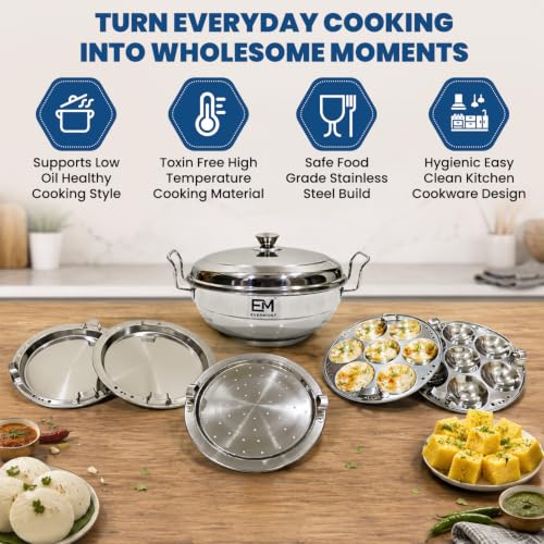 Image of Stainless Steel Idli maker Induction Bas Idli Cooker /Momo Maker /Multi Kadai /Steamer Set|Large Plates 2 Idli|2 Dhokla|1 Steamer|28cm - 4 Ltr, 3.0Kg | 3-Layer Thick Bottom | Gas & Induction Friendly