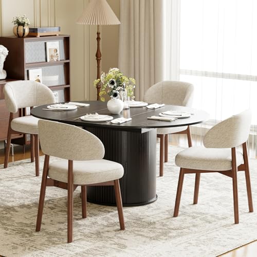 Image of MALOL 47 inch-63 inch Extendable Round to Oval Dining Room Table Chairs Set for 4-8, Modern Wooden Kitchen Table and Chairs with Hidden Storage and Fluted Design for Dining Room /Small Space(Black and Beige)