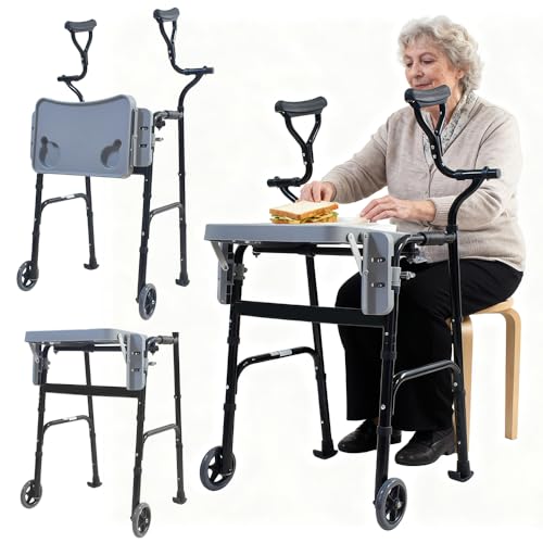 Image of Morimoe 2-in-1 Axillary Walker for Seniors – Upright Folding Mobility Aid with Adjustable Height & Width, Removable Underarm Supports, 220 lbs Capacity, Lightweight Rehabilitation Walker (with Tray)