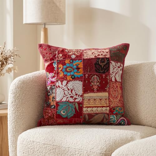 Image of Ravaiyaa - Attitude is everything Set of 5 Handmade Khambadiya Patchwork Cotton Cushion Cover 16X16 Inch | Decorative Cotton Throw Pillow Covers | Bohemian Vintage Embroidered Sofa Cushions