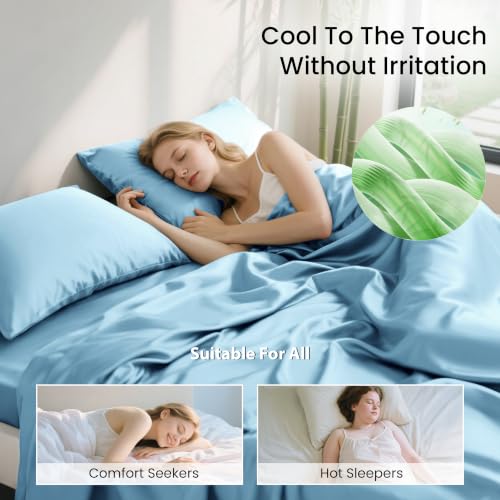Image of Love's cabin 4 Piece California King Size Sheet Set, 100% Rayon Derived from Bamboo, Cooling & Breathable, Soft Silky Deep Pocket up to 16 inch, Hotel Luxury Bedding for Hot Sleepers, Light Blue