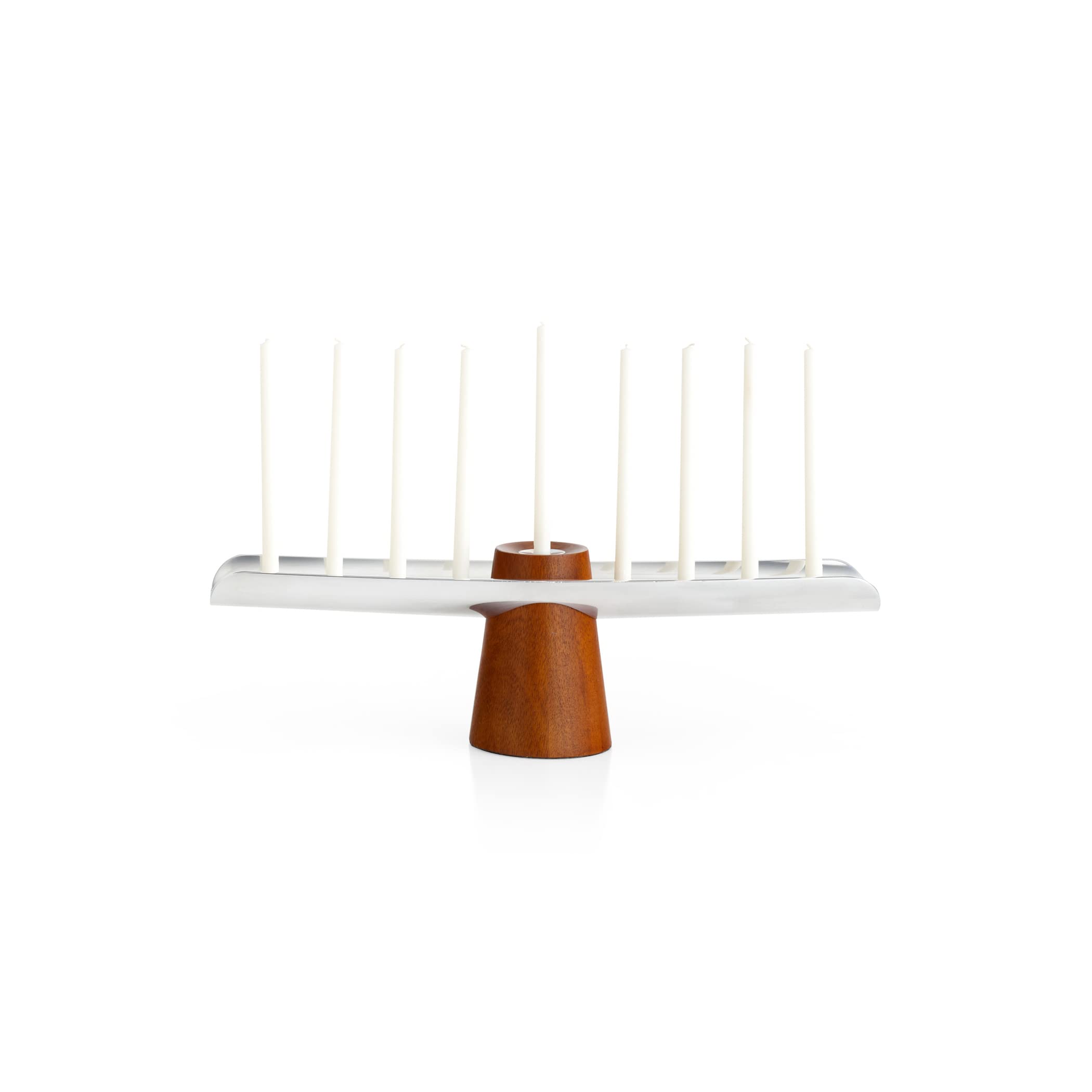 Nambé Classic Menorah – 14-Inch Silver-Plated Alloy Candle Holder on Acacia Wood Base, Mid-Century Modern Hanukkiah for Hanukkah Celebrations, Judaica Gift & Holiday Décor