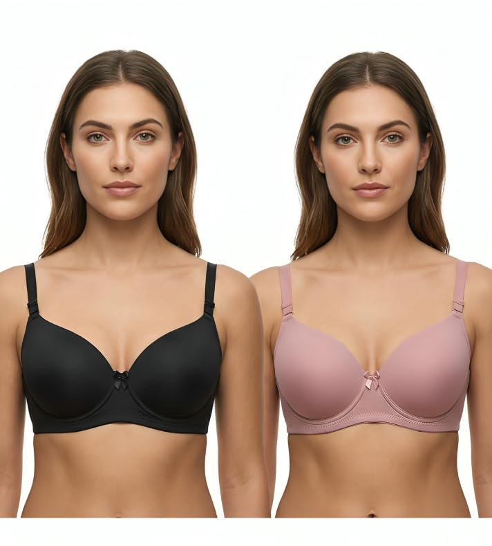 Image of Imsa Moda Women's Stretchable Lightweight Lightly Padded Full Coverage Wire Free T-Shirt Bra Combo Pack of 2