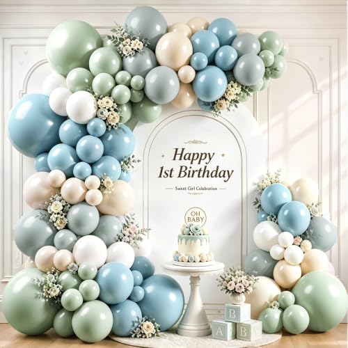 Image of 129 Pcs Dusty Blue Sage Green and White Balloon Garland Kit