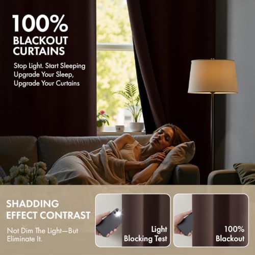 Image of MIULEE Dark Brown 100% Blackout Curtains for Bedroom 40x84 Inch 2 Panels | 2 Thick Layers Thermal Insulated Window Curtains with Black Liner, Noise Reducing Grommet, Drapes for Living Room