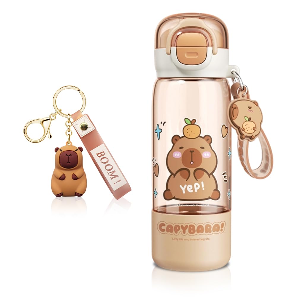 VorErgyllic Capybara Kids Water Bottle with Straw Spring Lid 420ml/510ml–Plastic Drinking Bottle, Leakproof BPA-Free Water Bottle for School Child with Carry Handle & Keyring (510, ml/min)