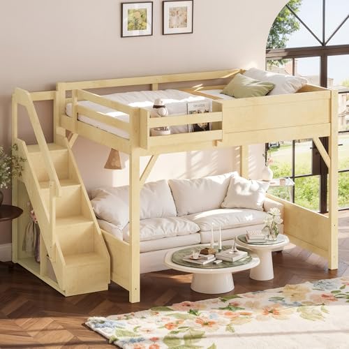 Image of KEIKI Solid Wood Queen Size Loft Bed Frame with Stairs, Built-in Wardrobe and Storage Space, Queen Loft Bed with Shelves, Queen-Length Guardrails, No Box Spring Needed for Bedroom, Natural