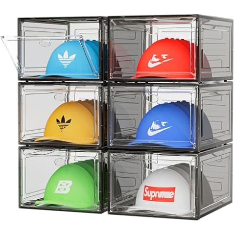 YKLSLH Hat Organizer Box, 6 Boxes for 40 Pack Hats, Upgrade Harder Solid Plastic Hat Organizer for Baseball Caps, Clear Hat Storage with Magnetic Door, Hat Rack, Hat Holder, Hat Case, Hat Box, Black Cover