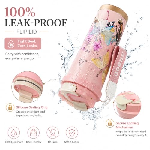 Image of Vasukie Stainless Steel Coffee Tumbler with Carrying Strap, Aesthetic Pink Butterfly & Floral Travel Mug, Leakproof Water Bottle for Women & Girls (500ML)