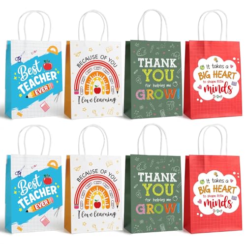 DOORIO 8Pcs Teacher Thank You Gift Bags 4 Styles Teacher Appreciation Paper Bags Best Teacher Ever Gift Bags for End of Term Gifts