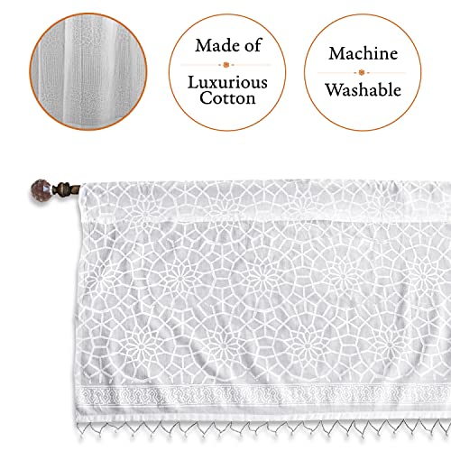 Saffron Marigold - Royal Mansour - White Moroccan Inspired Hand Printed - Sheer Cotton Voile Window Valance Curtain - Rod Pocket - (46 X 17 Inches) #TOP1
