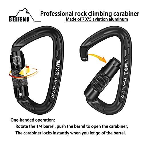 BEIFENG 25KN Auto Locking Carabiner - UIAA Certified Heavy Duty Climbing Carabiners for Rock Climbing, Camping, Rappelling, Hunting, Rescue Equipment - Professional Carabiner Clips (Black) - Image 4