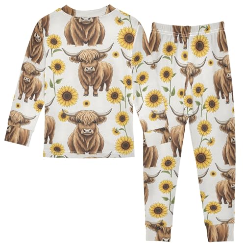 Pajama Sets Long Sleeve Highland Cow and Sunflower Autumn Soft Comfy Sleepwear 2 Piece PJS 3-8T3
