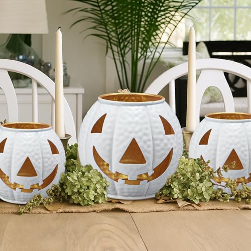 Nuogo 3 Pcs Halloween Metal Jack O Lanterns Pumpkin Set with LED Candles - Pumpkin Lanterns in White Color Creepy Cloth Decoration Bundle for Halloween Fall Rustic Indoor & Outdoor Decor