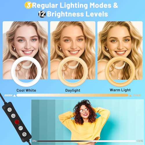 Image of 12'' Selfie Ring Light with Stand and Phone Holder, 75 inch Tripod 96 RGB Mode