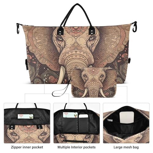 Large Travel Duffel Bag, Boho Epephant Head Sports Tote Gym Bag, Shoulder Weekender Overnight Bag for Women Men, Carry On Luggage with Toiletry Bags2