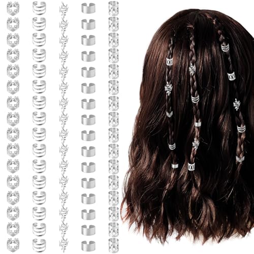 80 Pcs Hair Jewelry For Braids Silver Hair Cuffs Dreadlock Accessories Adjustable Hair Rings Braid Decorations For Women (80Pcs-Silver Style1)