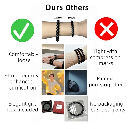 Natural Black Obsidian Bracelet - 12mm 20 Beads with 0.8mm Elastic Cord - Handmade Spiritual Protection Jewelry - Chakra Balancing Energy Bracelet for Men & Women - Best Gift2