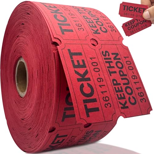 Pm Company 1000 Raffle Tickets Double Roll, 50/50 Red Raffle Tickets for Events, Carnivals, Fundraisers, Classroom Rewards, and Prizes - Premium Quality