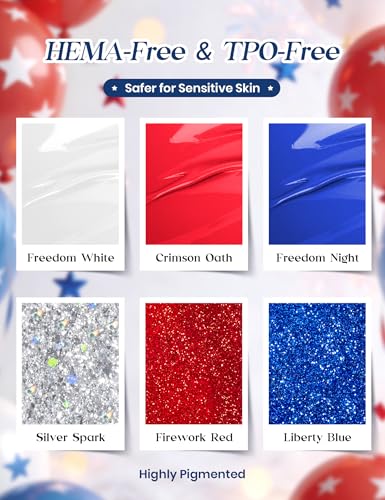 Image of Beetles 4th of July Nails Gel Nail Polish Kit with U V Light, 6 Colors Red White Blue Independence Day Nail Gift Set, HEMA-Free TPO-Free Gel Polish, Base Top Coat Stickers Nail Art Tools DIY for Women