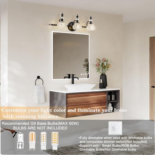 Image of Bathroom Vanity Light Fixtures, Farmhouse Vintage Wall Sconce Lighting with Glass Shade, Bath Vintage Wall Mounted Lamps for Mirror (3 Lights,Matte Black,G9 Base)