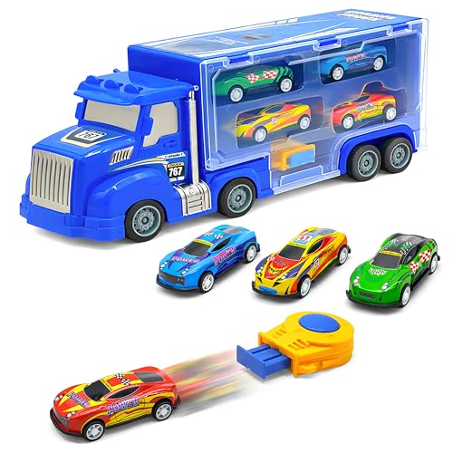 Image of VGRASSP Push and Go Carrier Truck Toy for Kids with 4 Mini Cars and Launch Button - Interactive Transport Vehicle Toy with Built-in Car Storage - Color As Per Stock