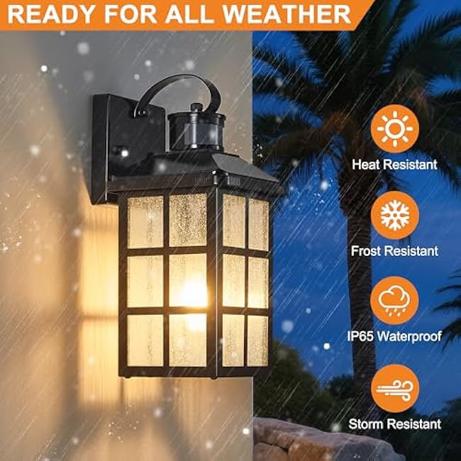 Motion Sensor Porch Lights Outdoor with Remote Control, Smart Dusk-to-Dawn Exterior Lighting Fixtures Weatherproof Outdoor Wall Lights with 4 Lighting Modes for Porch, Garage, Patio, Front Door