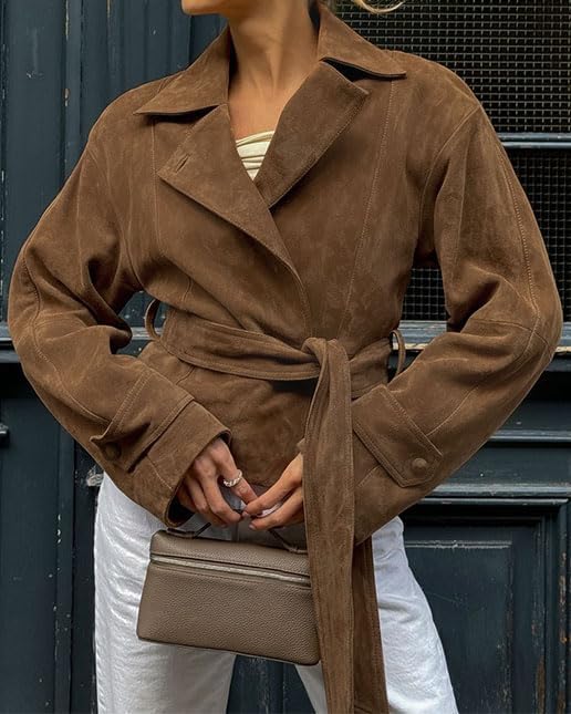 CHARTOU Faux Suede Leather Jacket 2025 Vintage Casual Cropped Wrap Coat with Belt - Image 4