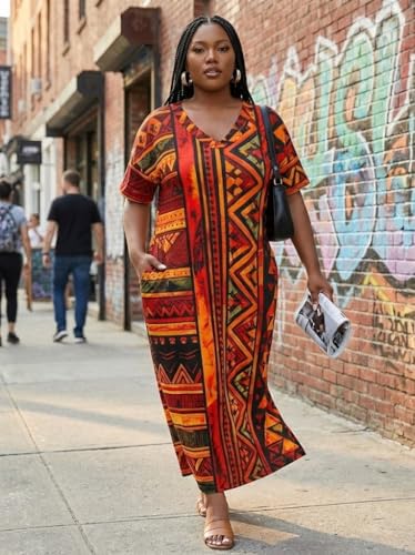 Image of Plus Size Maxi Dress for Women Short Sleeve V Neck Casual Loose Sundress with Pockets