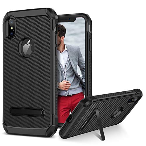 BENTOBEN Phone Case Compatible with iPhone Xs Max Case, Kickstand Design Slim 2 in 1 Heavy Duty Shockproof Hybrid Soft TPU Bumper Hard PC Cover with Carbon Fiber Texture Protective Case,Black